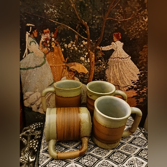 Pier 1 Coffee Mugs Brown Band Stoneware 4 ☕️Glazed Pottery Vintage,Nice Gift. 🎁 - Picture 2 of 4